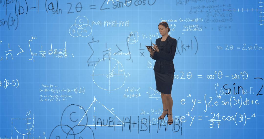 Businesswoman Analyzing Digital Data with Mathematical Background