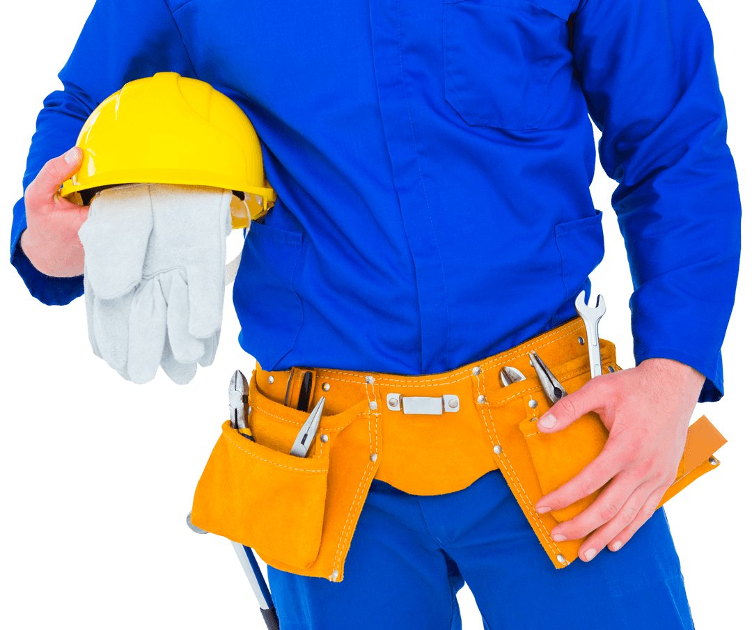 Transparent Close-Up of Construction Worker with Tools and Helmet