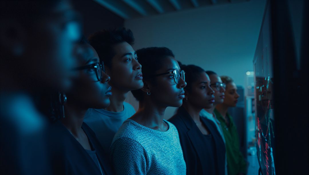 Team Analyzing Data on Digital Screen in High-Tech Environment