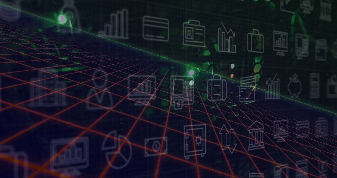 Abstract Digital Network Interface with Business Icons Background