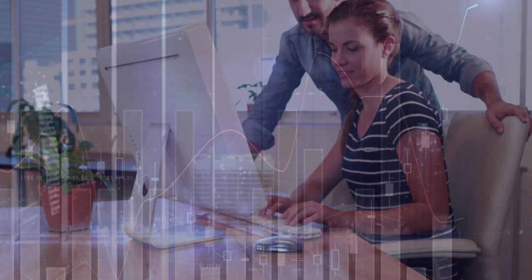 Colleagues Collaborating on Digital Business Project with Data Overlay