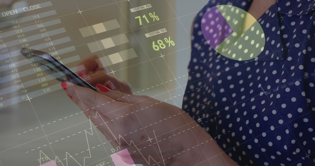 Businesswoman Analyzing Market Data on Smartphone with Overlaid Financial Graphs - Free Images, Stock Photos and Pictures on Pikwizard.com