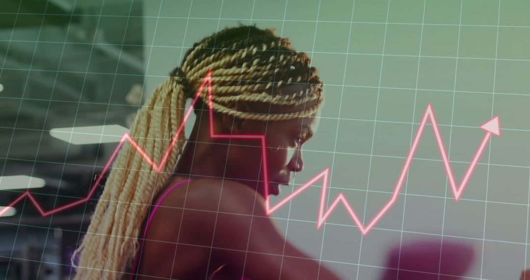 Woman Exercising in Gym with Graph Overlay Reflecting Progress