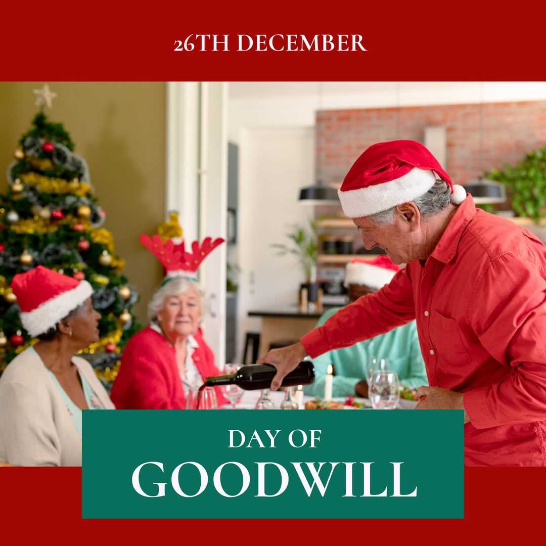 Elderly Group Celebrating Day of Goodwill with Christmas Hats