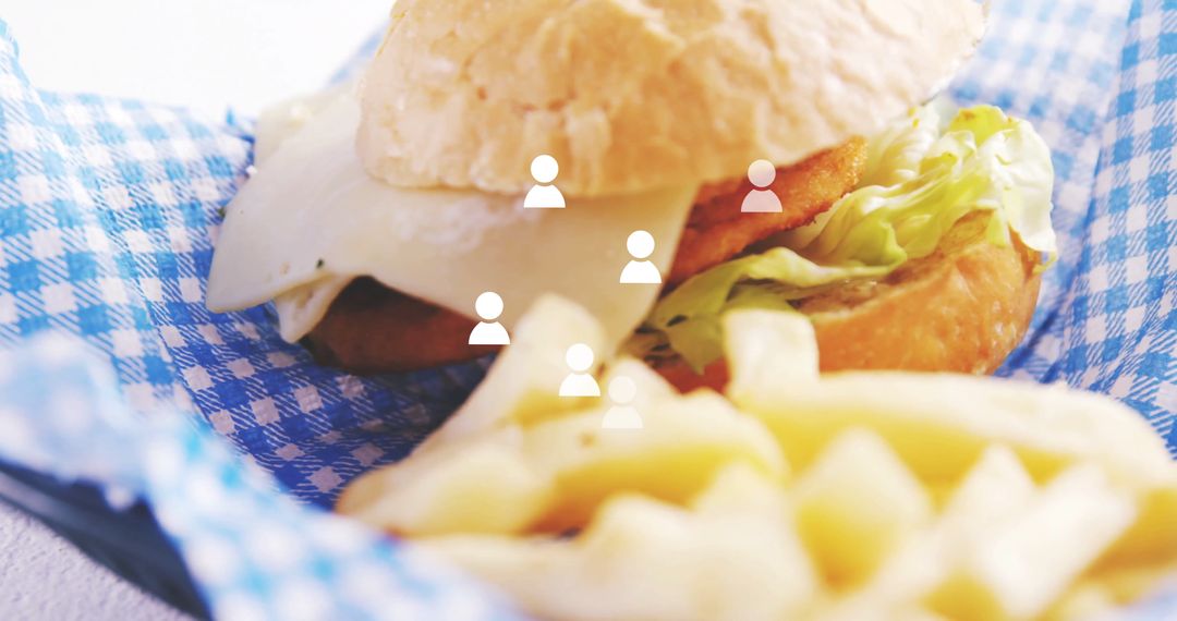 Colorful Fast Food Presentation with Burger and Fries Overlay Art