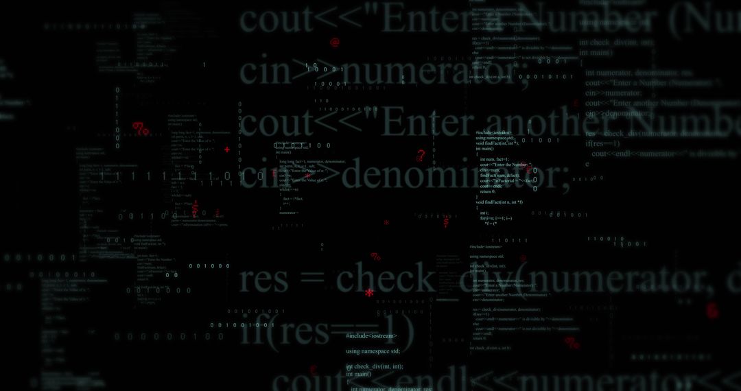 Abstract binary coding and data processing on dark background
