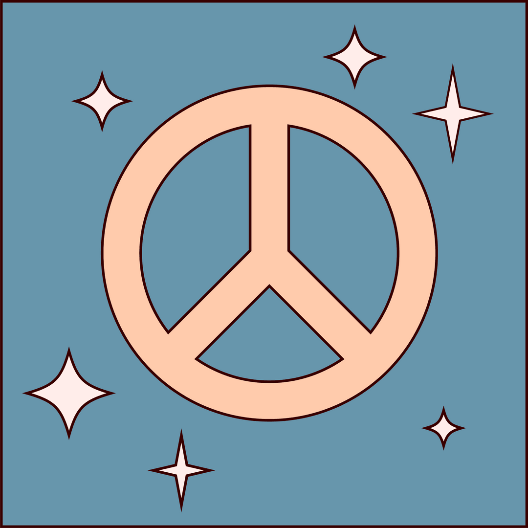 Modern Peach Peace Symbol with Star Sparkles on Blue