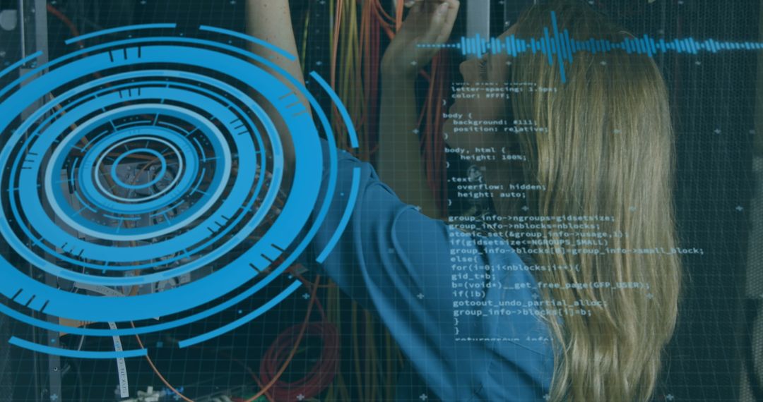 IT Technician Working with Server amid Digital Data Overlay