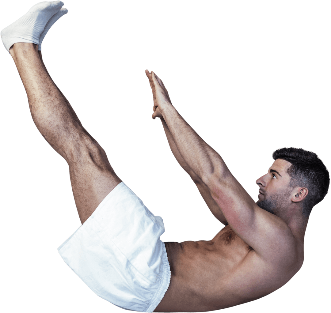Transparent Fitness Pose: Athletic Man in Concentrated Core Workout
