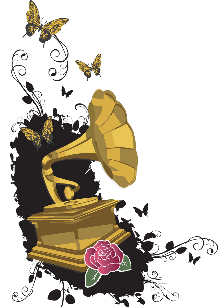Vintage Gramophone Vector with Floral Elements on Transparent Background