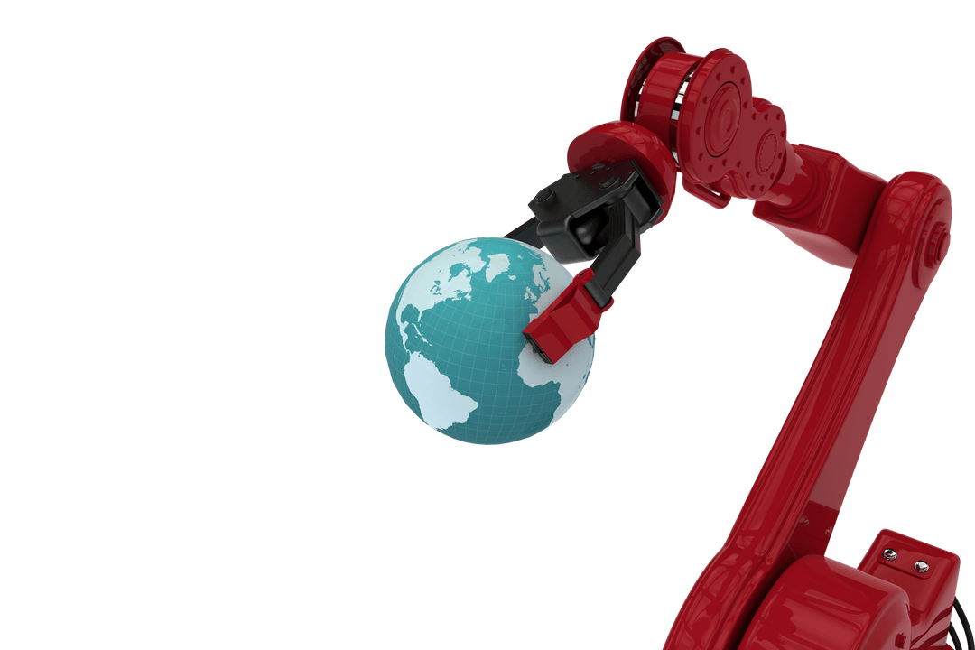 Red Robotic Arm Holding Transparent Global Sphere