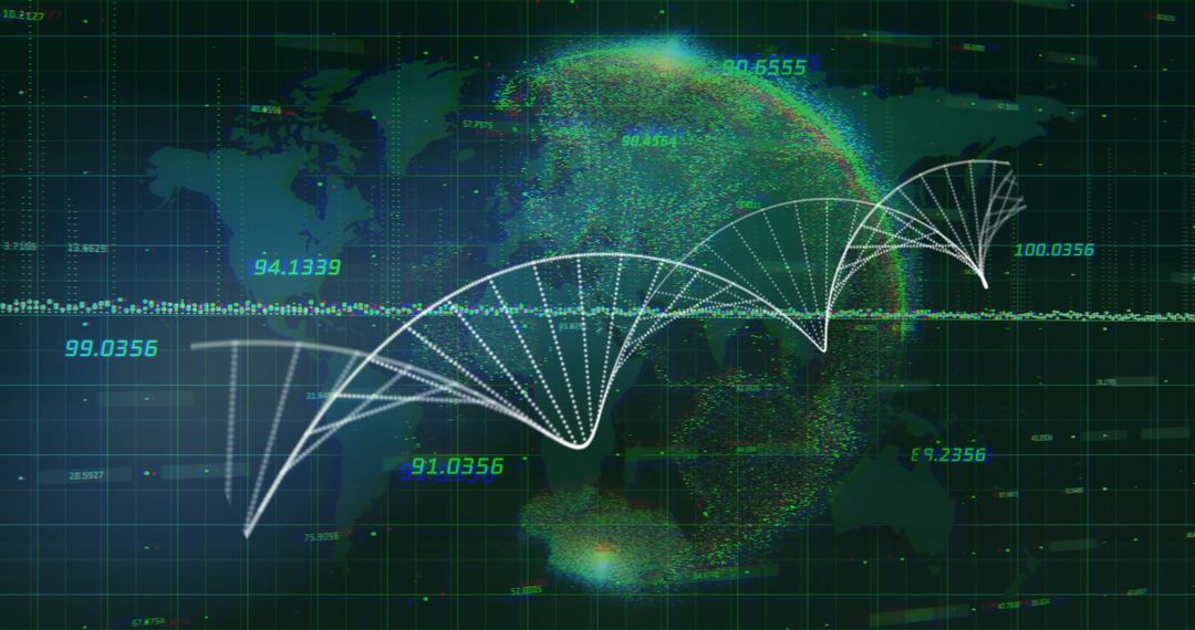 Digital DNA Strand Over Globe with Data Visualization