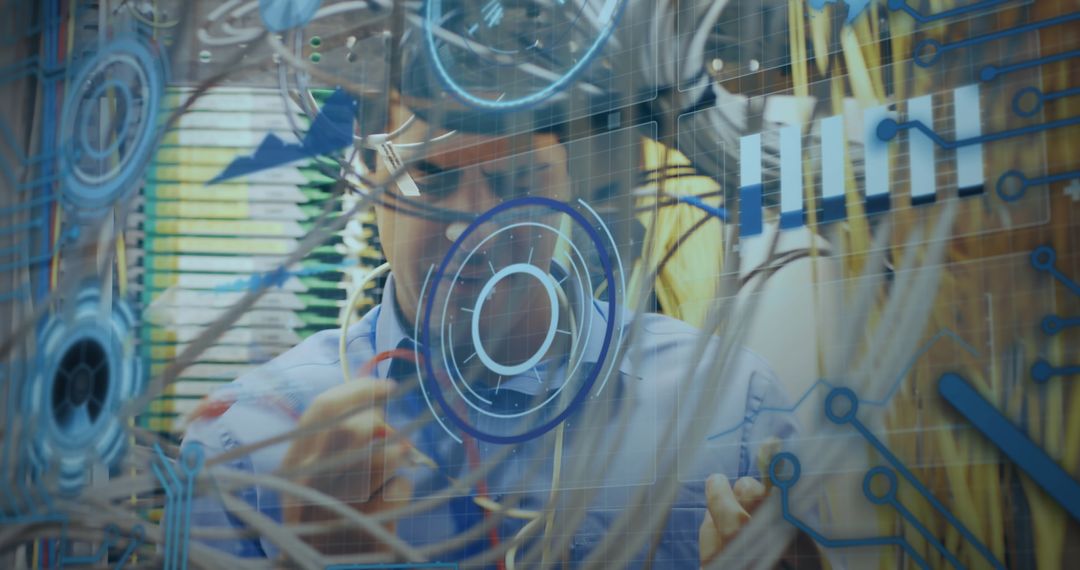 Engineer connecting wires with futuristic data overlay interface