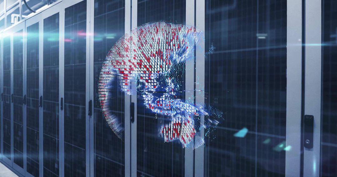 Holographic Data Globe Projecting Above Server Racks in Modern Data Center
