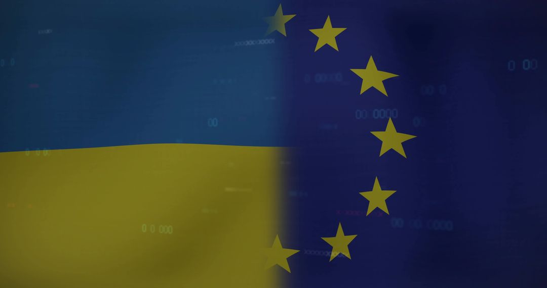 Ukraine and European Union Flags Blending with Digital Code Overlay Symbolizing Unity