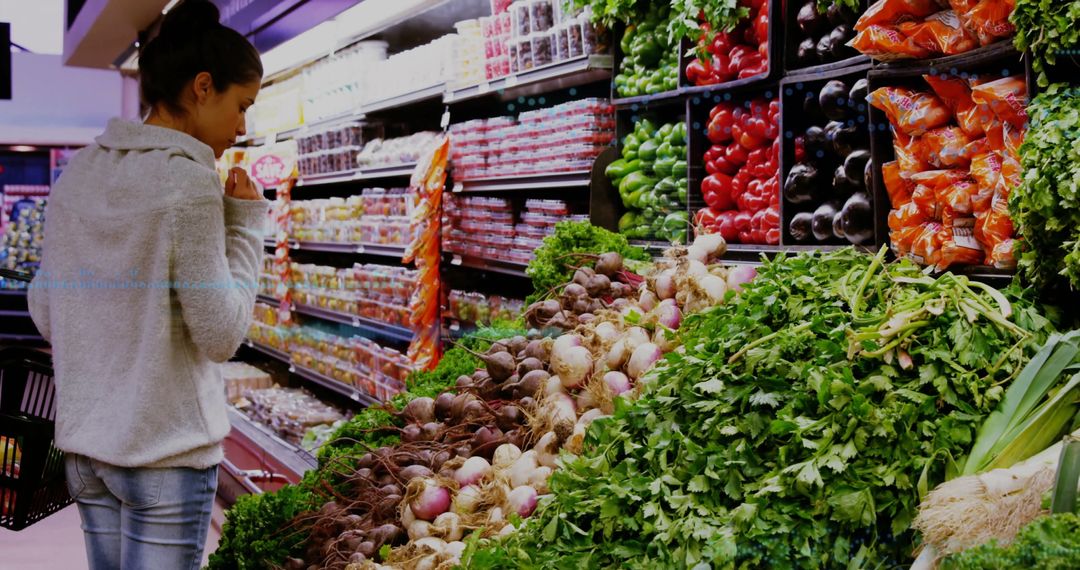 Woman Exploring Fresh Produce Section in Supermarket Aisle
