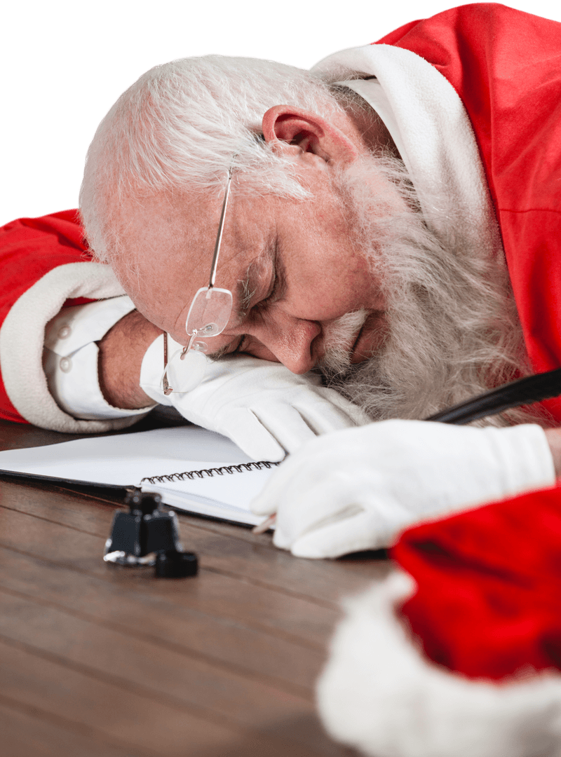 Transparent Tired Santa Claus Napping on Desk with Quill