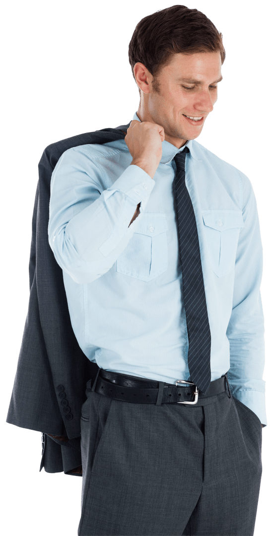 Confident Businessman Holding Jacket and Smiling with Transparent Background