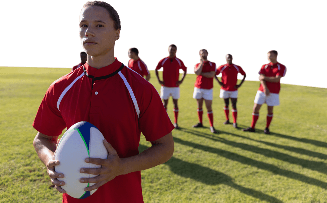 Transparent Rugby Player Holding Ball with Teammates in Background