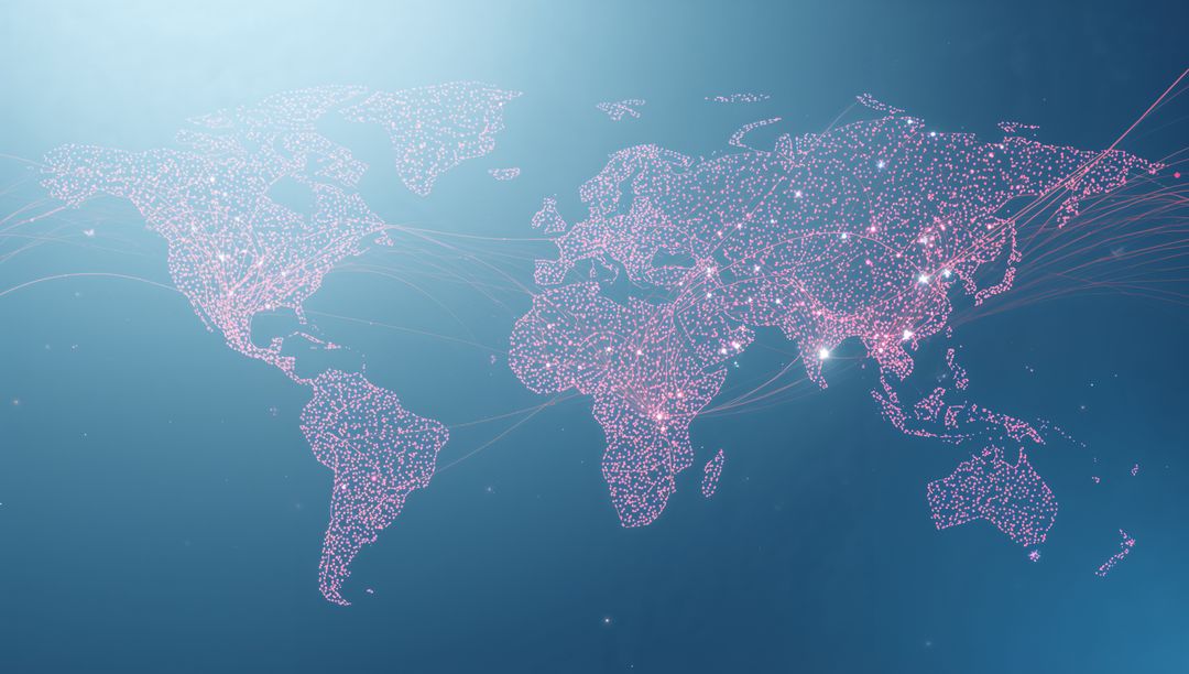Global digital network map with glowing pink nodes and magenta data lines