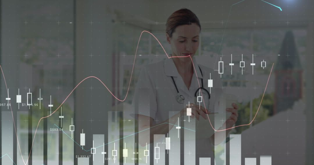 Caucasian Female Doctor with Digital Interface Representing Data Trends