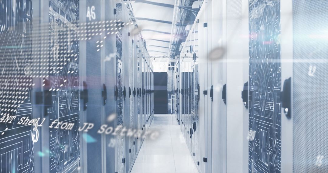 Data Stream Overlay on Modern Server Room for Technology Concept