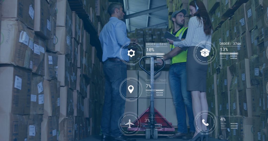 Warehouse Team Analyzing Logistics Data on Digital Icons Platform