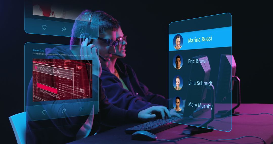 Diverse Team Engaging with Digital Interfaces and Social Media Profiles