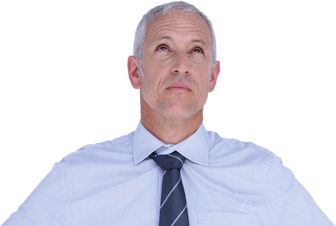 Senior Businessman Thinking and Looking Up on Transparent Background