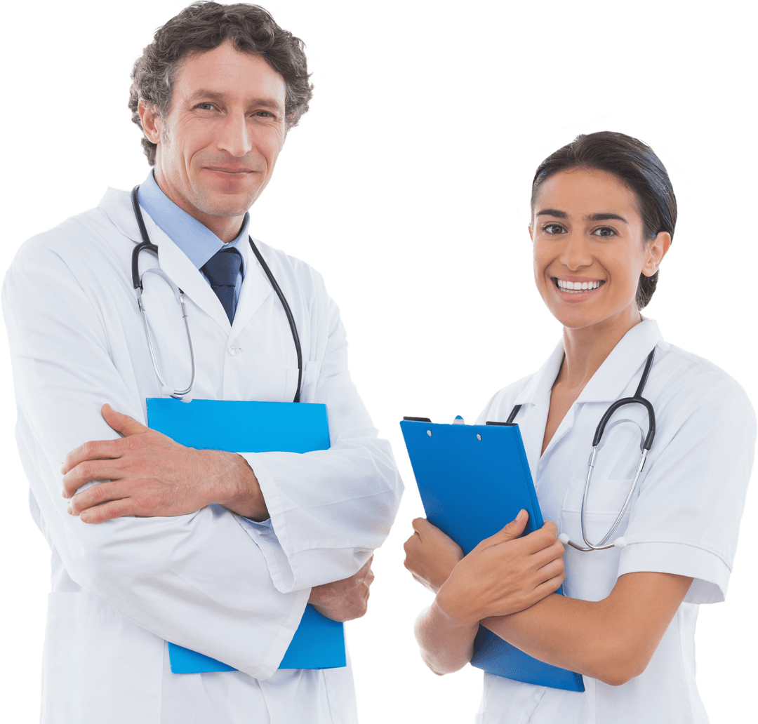 Smiling Doctors Holding Clipboard on Transparent Background