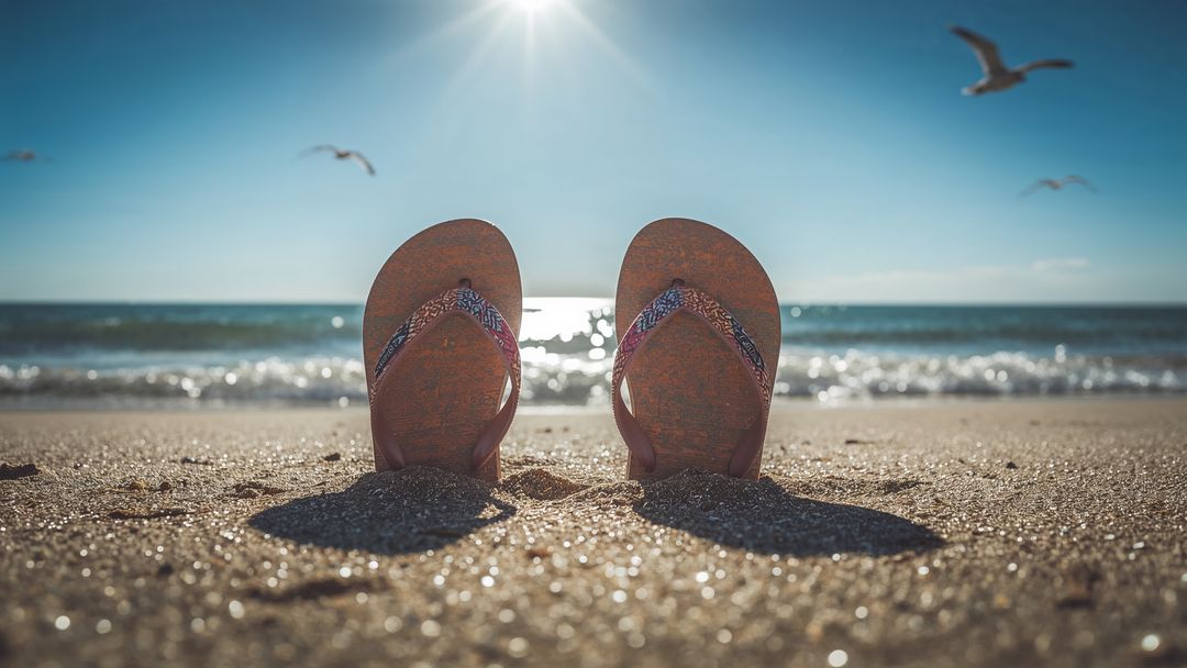 Flip-Flops on Sandy Beach with Serene Ocean Waves
