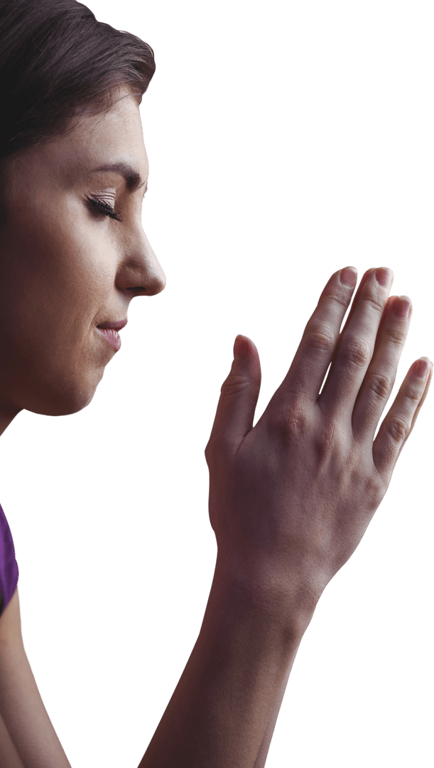 Close-Up View Transparent Woman Praying Hands Together in Reflection