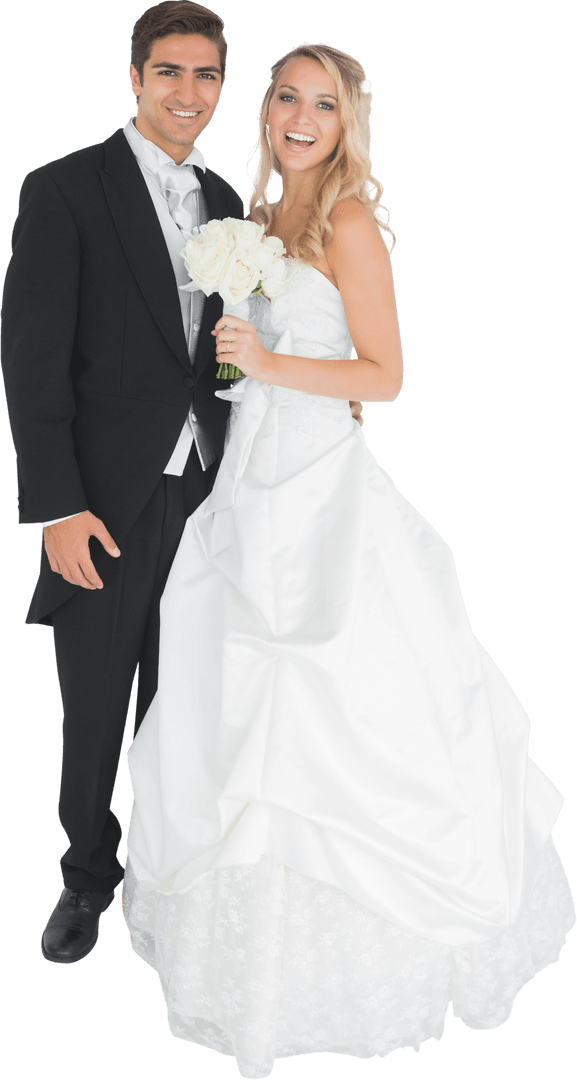 Cheerful Wedding Couple Posing Holding Bouquet on Transparent Background
