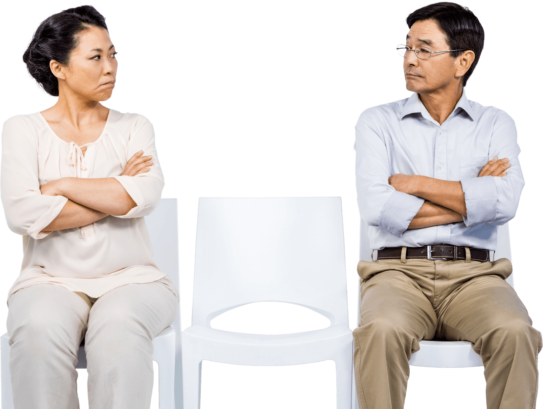 Transparent Angry Asian Couple Sitting Back to Back