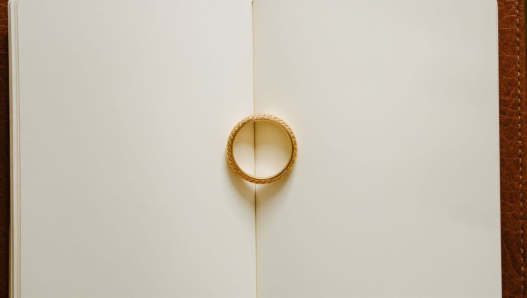 Gold engraved wedding ring casting heart shadow on open notebook spine flatlay