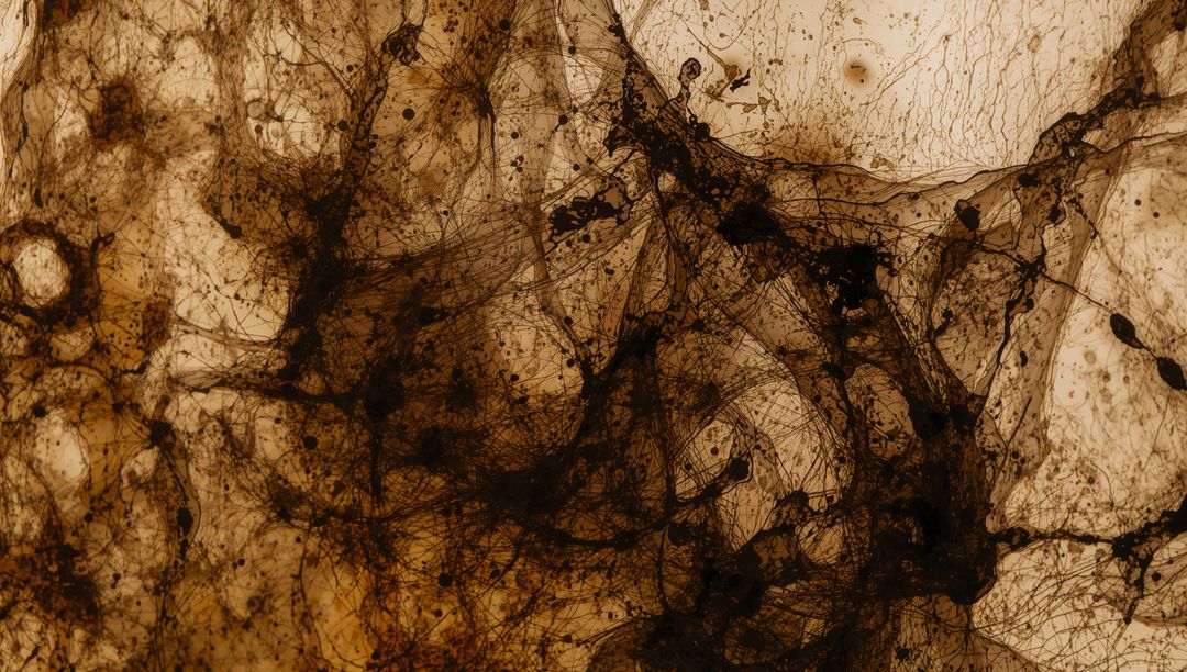 Sepia Filament Network Forming Abstract Lace Web Showing Ink Splatters Backlit Macro