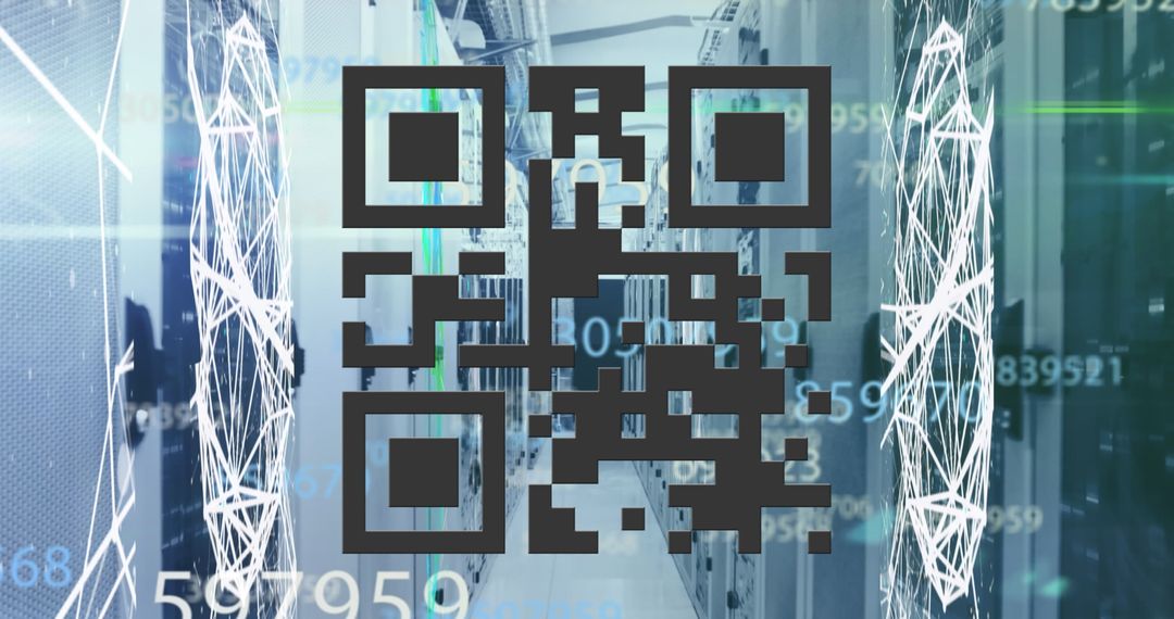 Abstract QR Code Overlays Server Room Illustrating Cloud Computing
