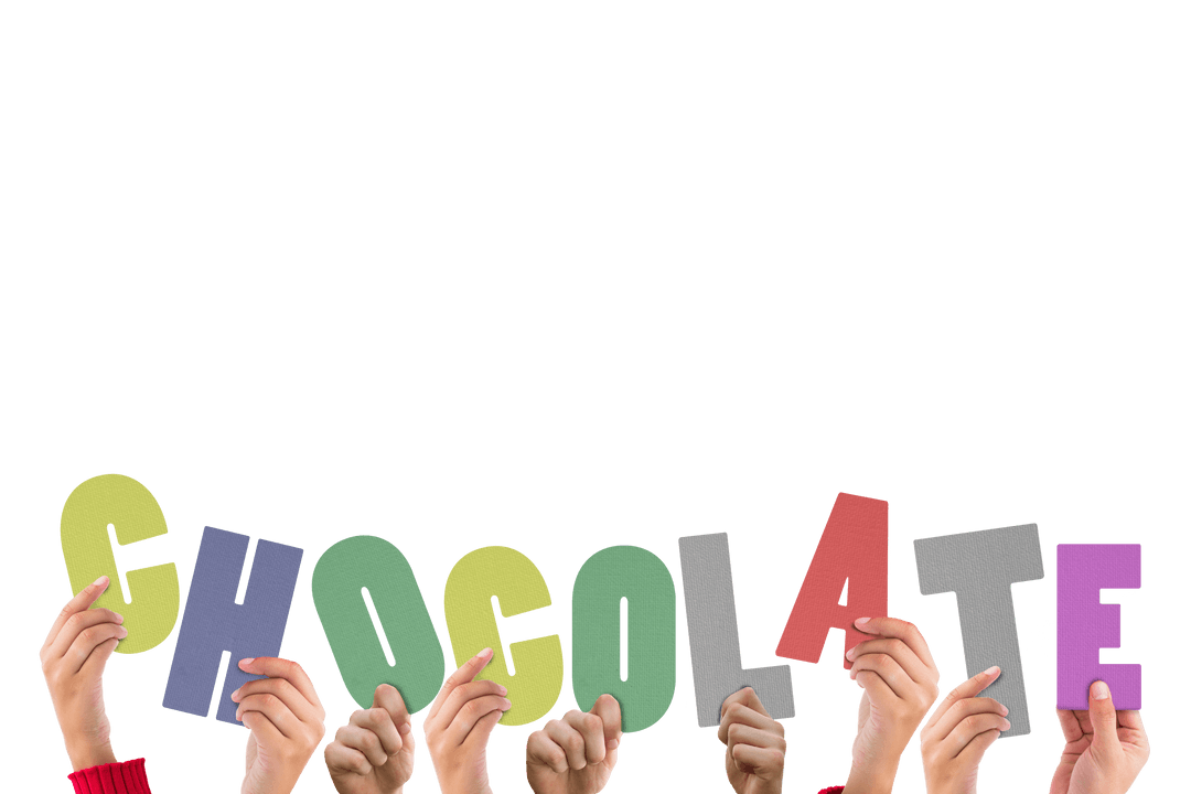 Hands Holding Colorful Chocolate Letters on Transparent Background