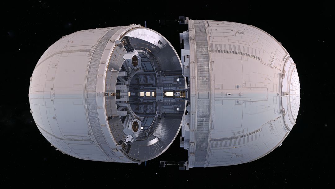 Modular spacecraft capsule splitting open revealing circular interior ring and equipment
