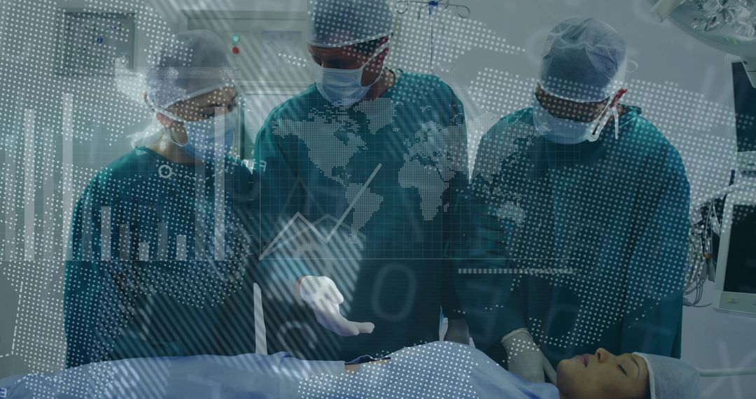Medical Team Conducting Surgery with Innovative Technology and Data Overlay
