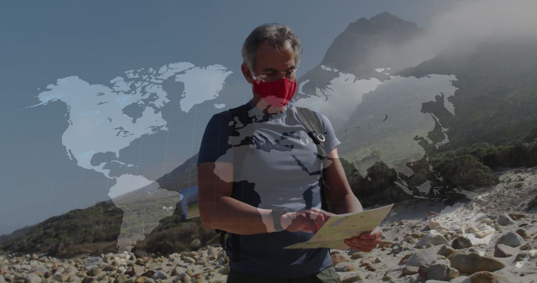 Senior Hiker in Face Mask Navigating with Map