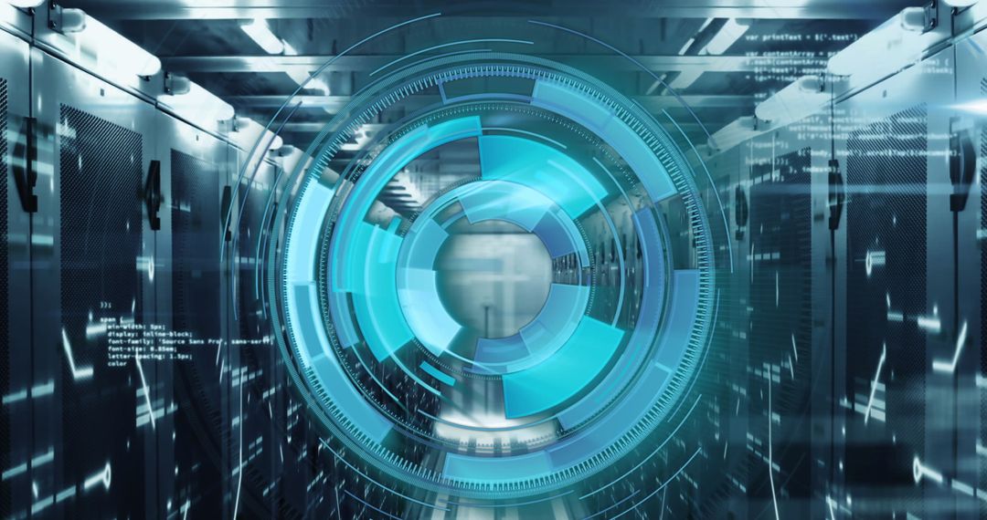 Futuristic Digital Interface Overlaying Data Center