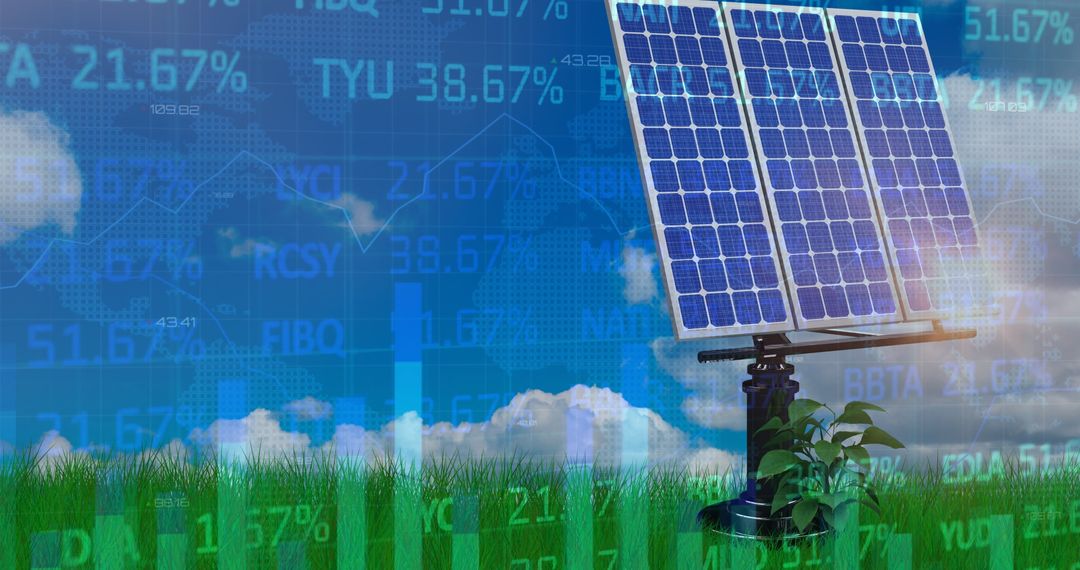Solar Panel on Tracking Mount in Field with Financial Data