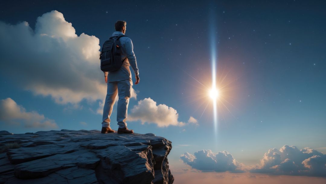 Lone astrophysicist adventurer contemplating glowing horizon on cliff edge