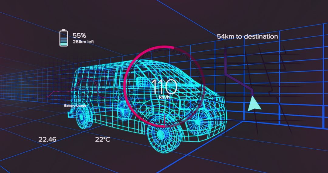 Digital Wireframe Van with Speedometer and Navigation