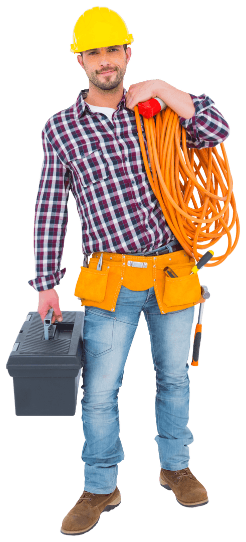 Smiling Handyman Holding Toolbox and Electrical Cable Transparent Background