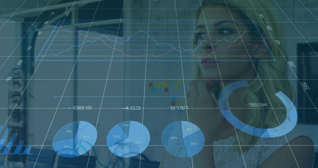 Professional Woman Analyzing Financial Dashboard with Interactive Charts and Data Overlay