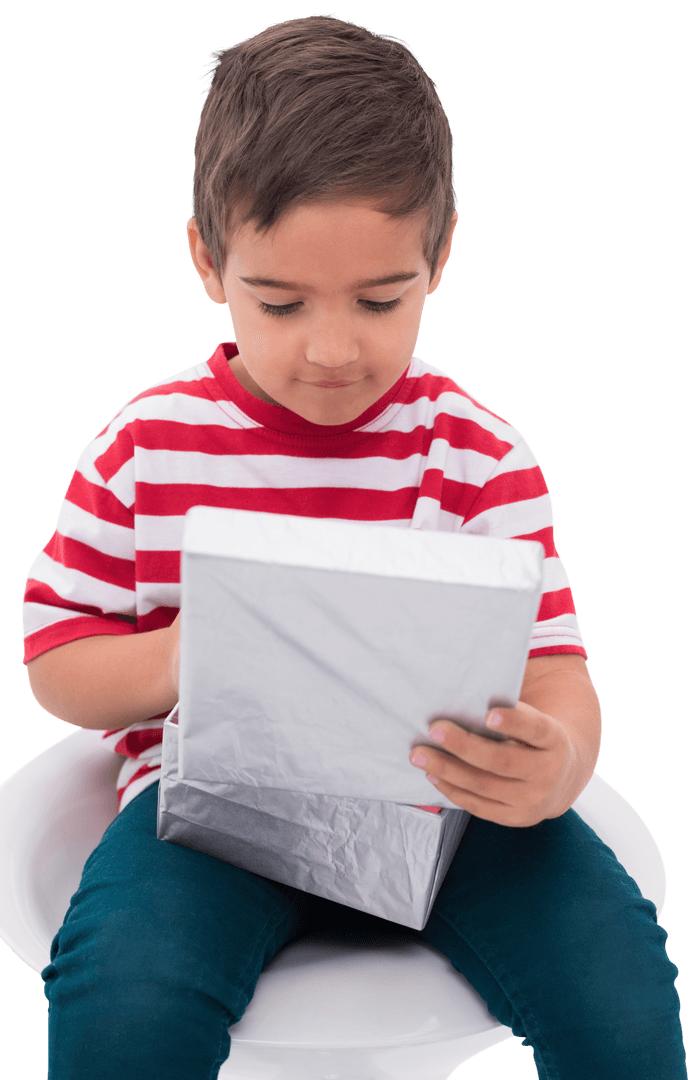 Transparent Joyful Little Boy Opening Gift Box