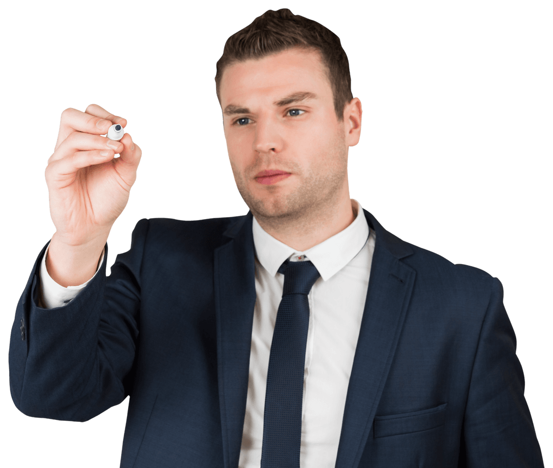 Transparent Young Businessman Writing with Marker Wearing Suit