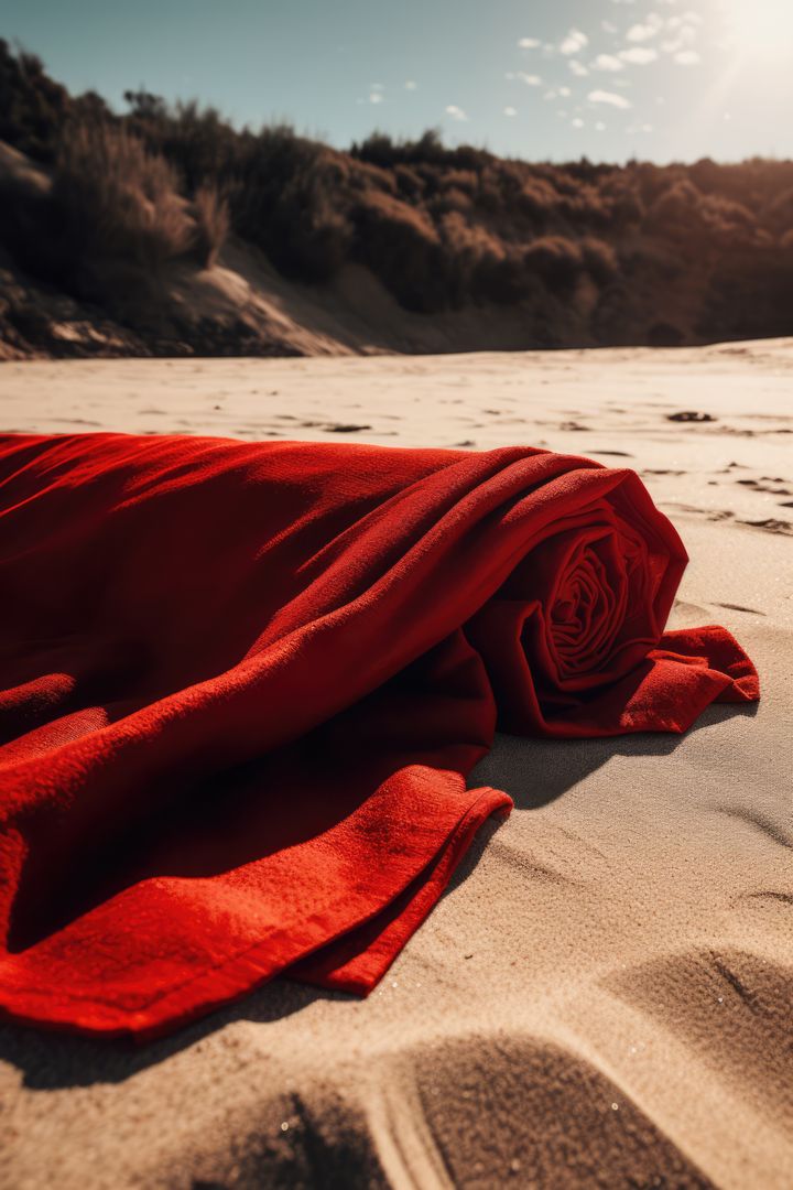 Rolled Red Blanket on Sunny Sand Dunes Beach - Free Images, Stock Photos and Pictures on Pikwizard.com